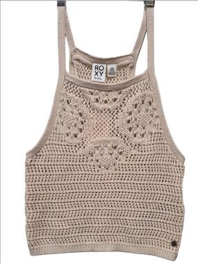 Roxy Malibu Crush Crochet Knitted Halter Top Tank Beige Taupe Small